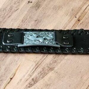 Black Leather Braided Nordic Viking Silver Fenrir Wolf Bracelet